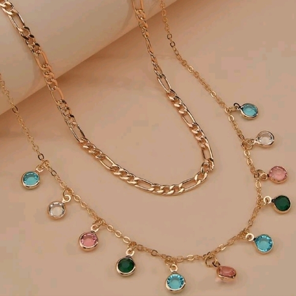 Gold layered necklace Boho colorful rhinestones Dainty Charm festival 💖2/$30 - Picture 9 of 15